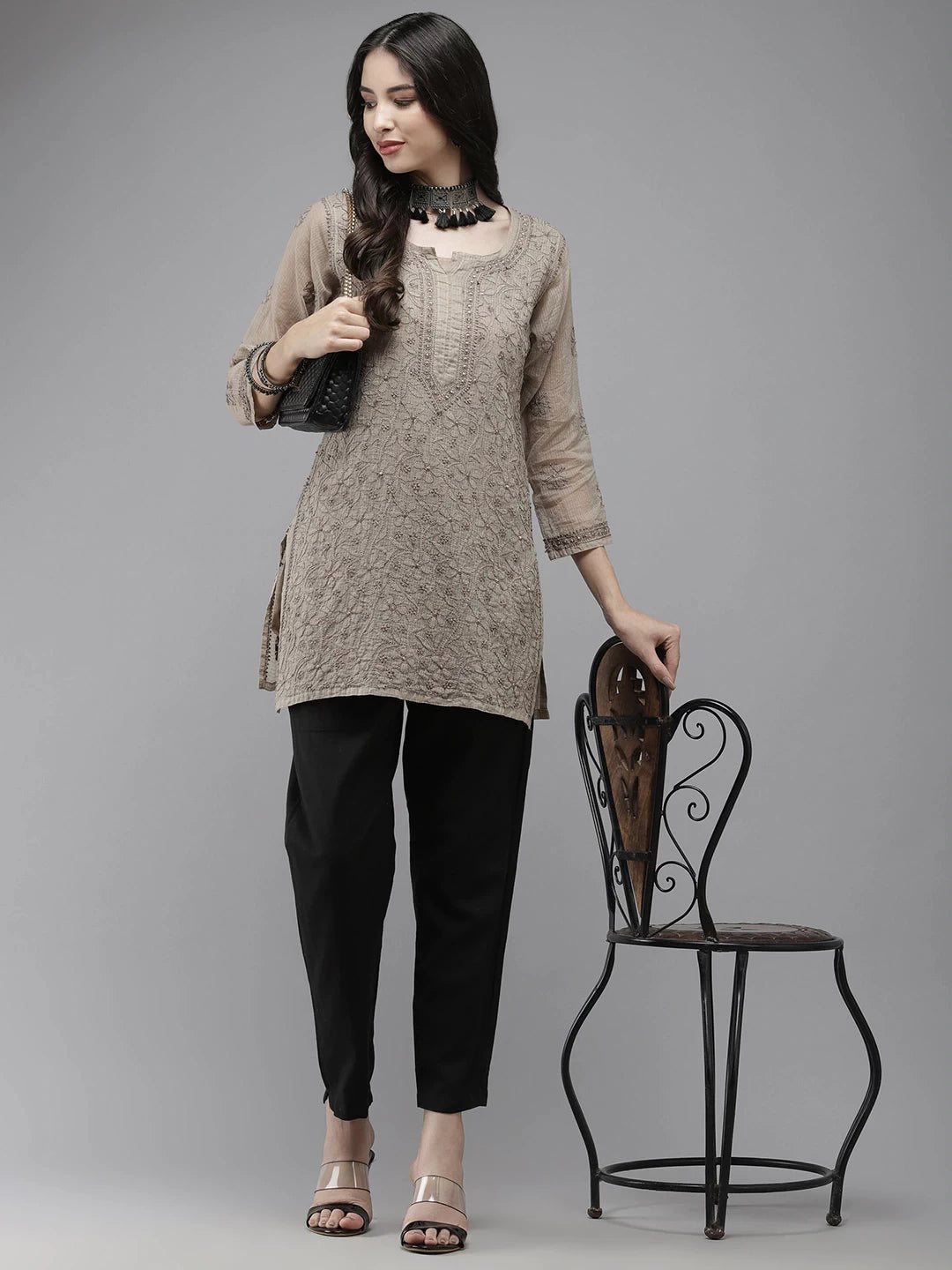 Ada Hand Embroidered Greige Kota Lucknowi Chikankari Short Kurti With Slip A911183