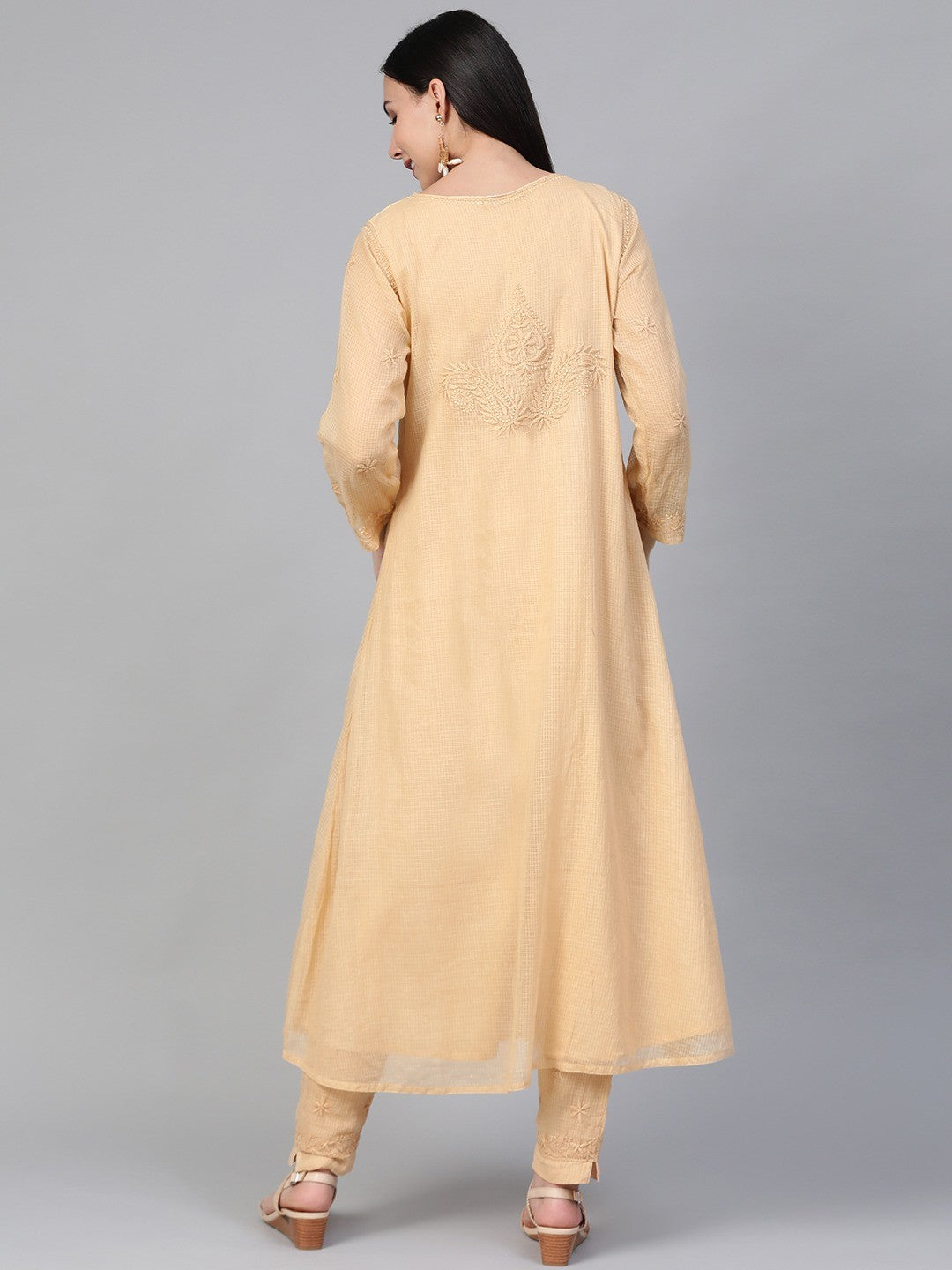 Ada Hand Embroidered Beige Kota Lucknowi Chikankari A-line Kurta With Trouser Set A100552