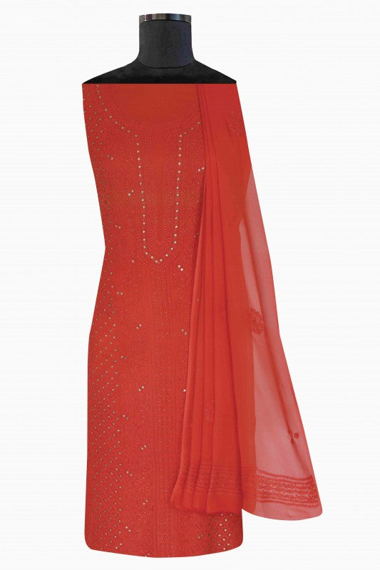 Ada Hand Embroidered Carrot Pink Georgette Lucknowi Chikan Unstitched Kurta Dupatta Set with Muqaish Work A579355