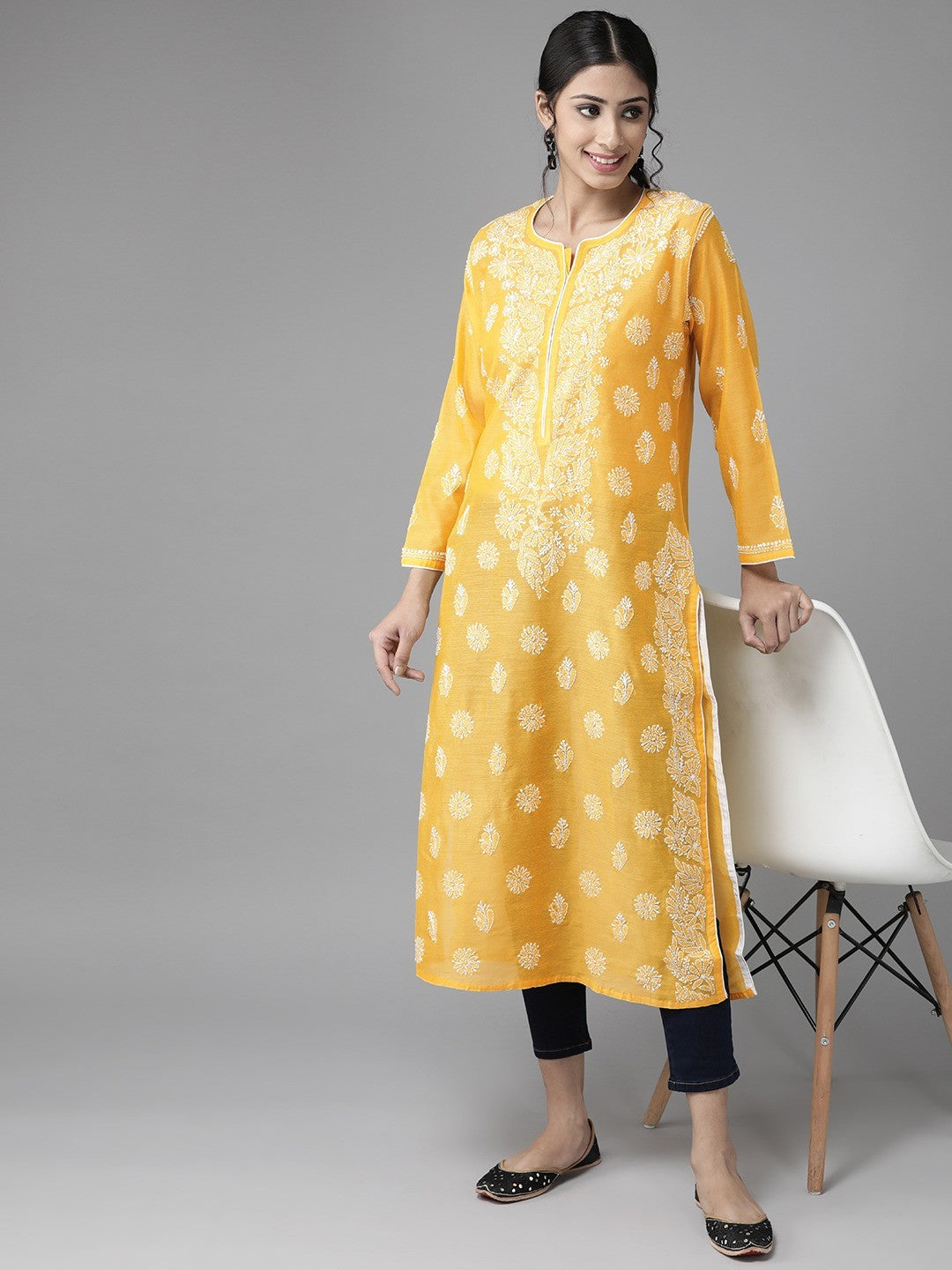 Ada Hand Embroidered Yellow Chanderi Lucknow Chikankari Straight Kurta A411175