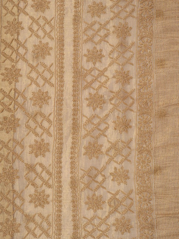 Ada Hand Embroidered Natural Fawn Tissue Lucknowi Chikankari Saree With Blouse A606169
