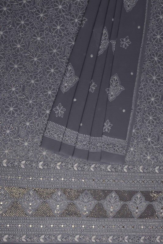 Ada Hand Embroidered Grey Georgette Unstitched Kurta Dupatta Set A526842