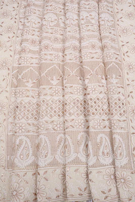 Ada Hand Embroidered White Pure Georgette Lucknowi Chikankari Saree/Blouse with Zari Work A612189
