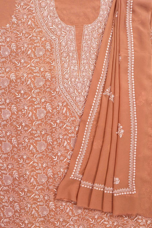 Ada Hand Embroidered Dusty Pink Pure Georgette Lucknowi Chikan Unstitched Kurta Dupatta Set A453588