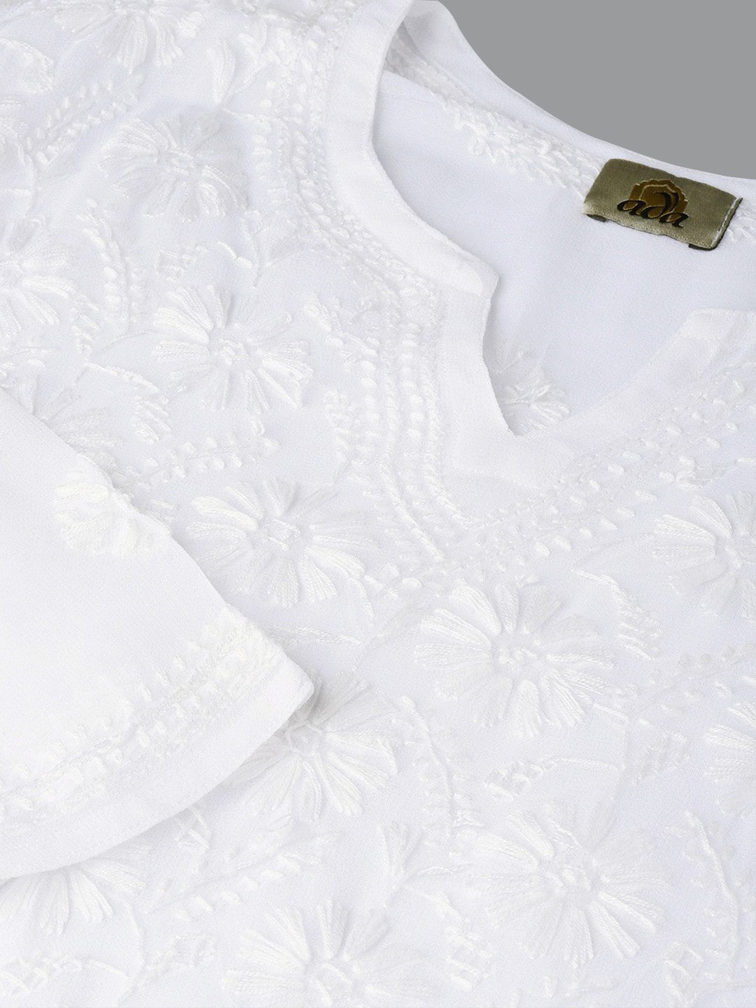 Ada Hand Embroidered White Georgette Lucknowi Chikankari Kurta with Churidar Set with Slip A100019