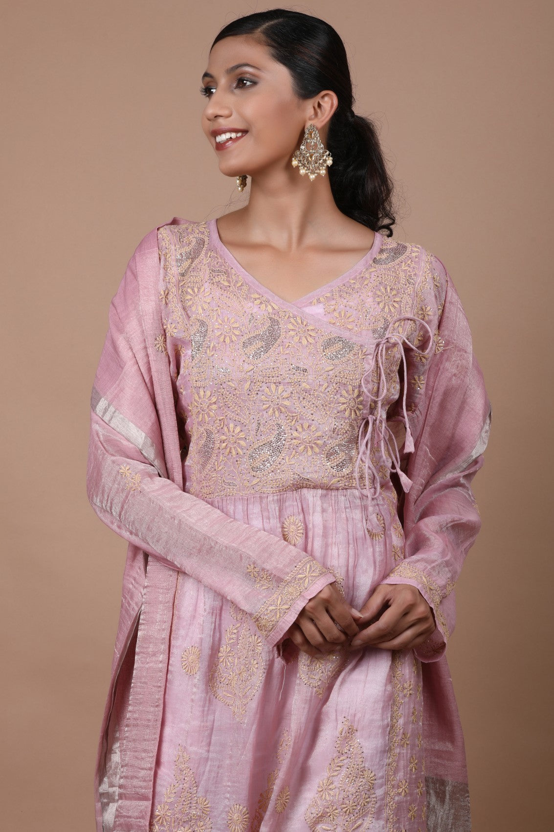 Ada Hand Embroidered Onion Pink Tissue Lucknowi Chikankari Semi-stitched Kurta Dupatta Set With Muqaish Work 01A238369
