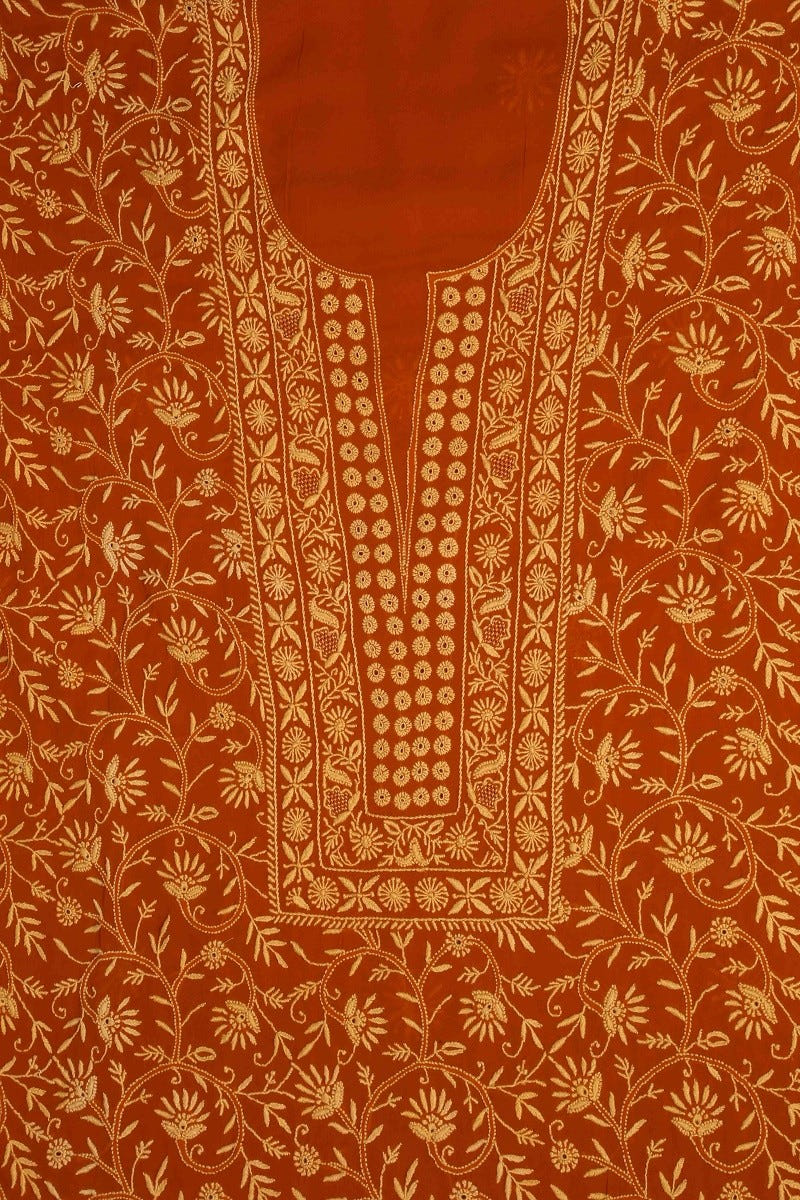 Ada Hand Embroidered Rust Pure Georgette Lucknowi Chikan Unstitched Kurta Dupatta Set A480978