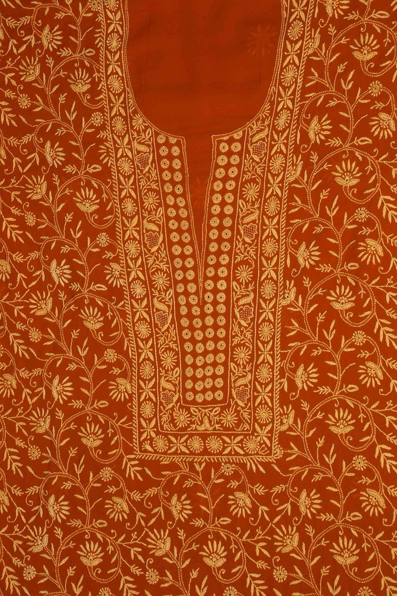 Ada Hand Embroidered Rust Pure Georgette Lucknowi Chikan Unstitched Kurta Dupatta Set A480978