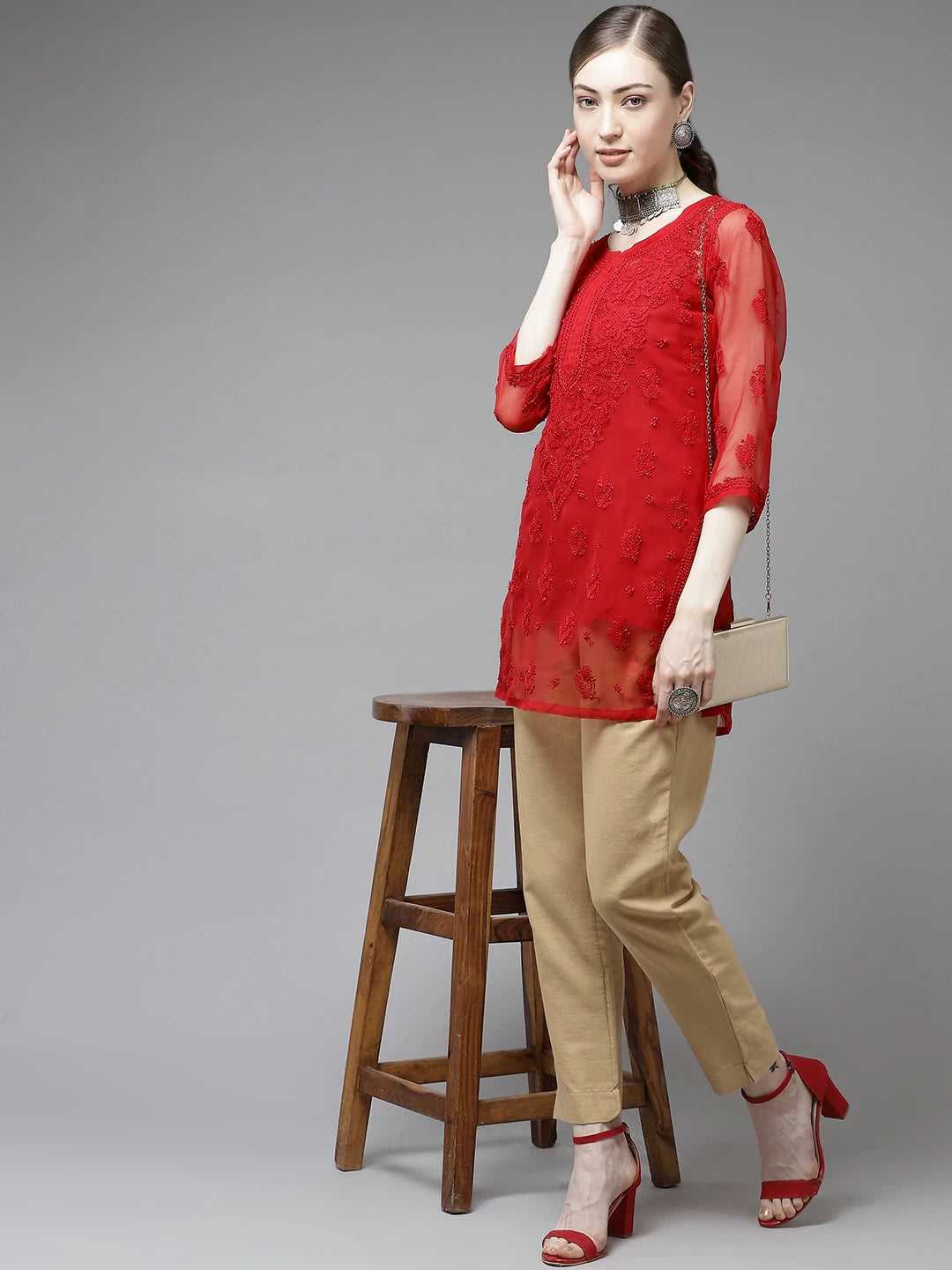 Ada Hand Embroidered Red Georgette Lucknowi Chikankari Kurti With Slip A911140