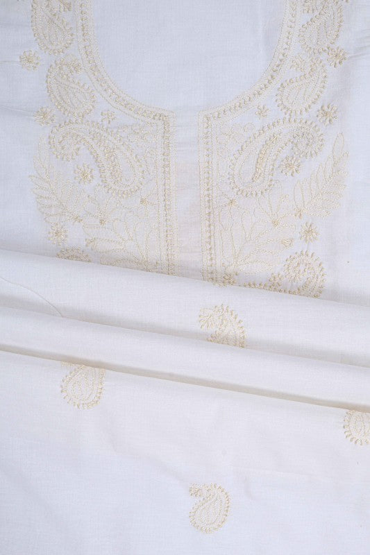Ada Hand Embroidered White Cotton Lucknowi Chikan Unstitched Kurta Piece A355764