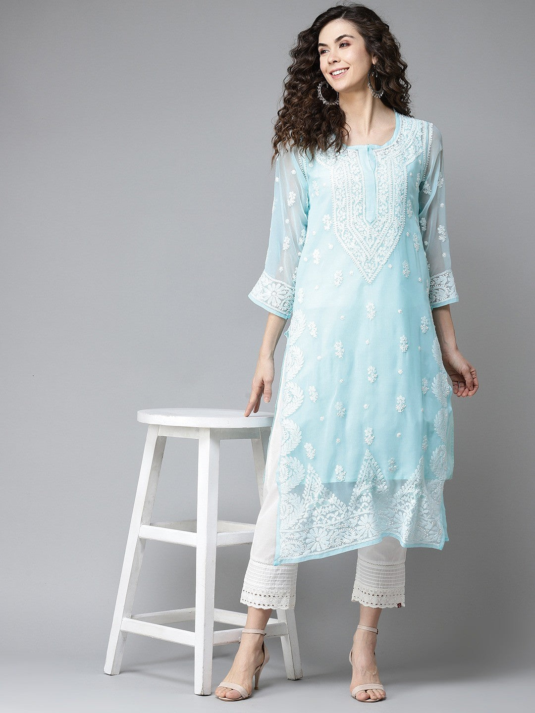 Ada Hand Embroidered Blue Georgette Lucknowi Chikankari Straight Kurta With Slip A411200