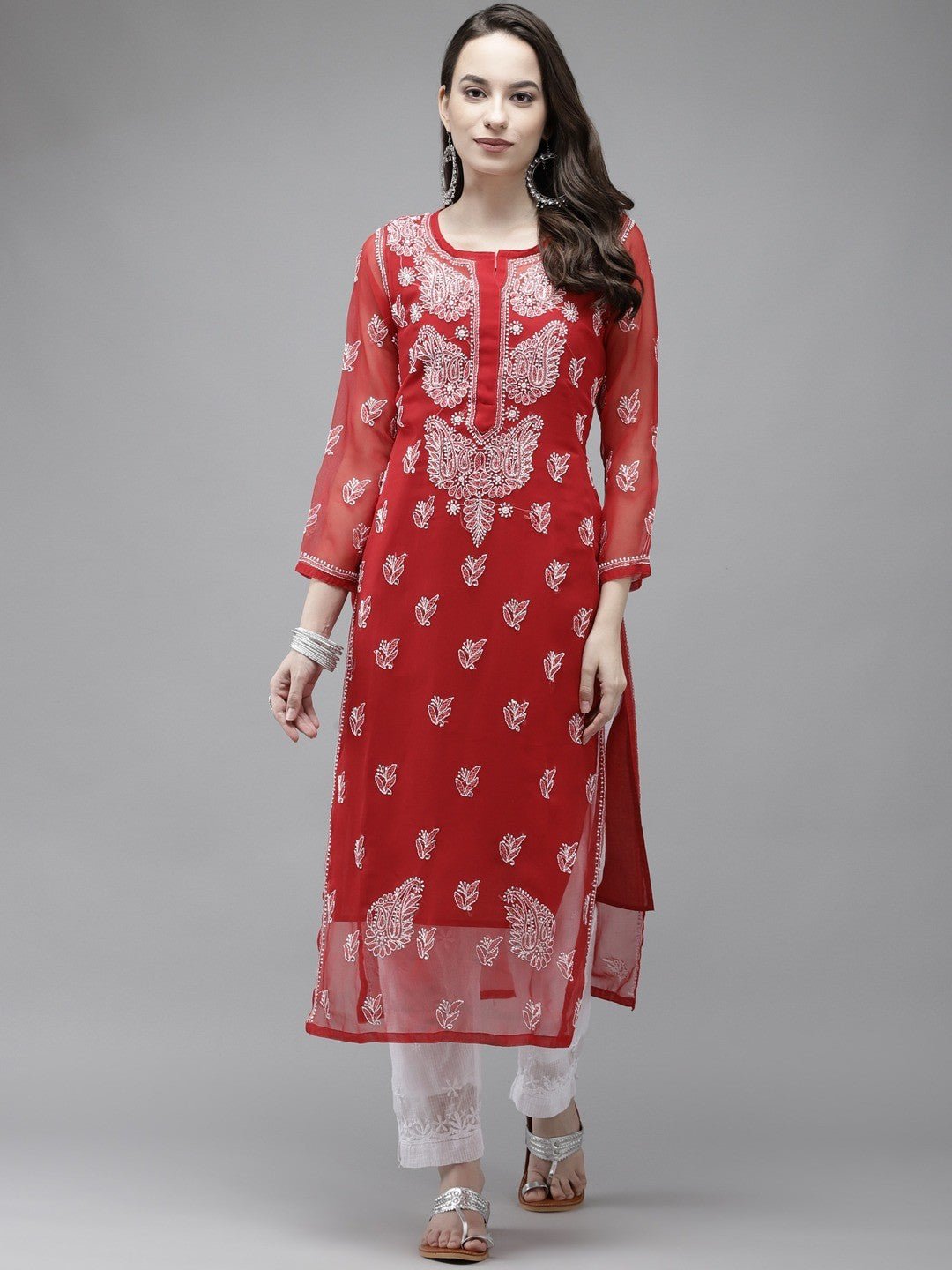 Ada Hand Embroidered Red Georgette Lucknowi Chikankari Straight Kurta With Slip A411289