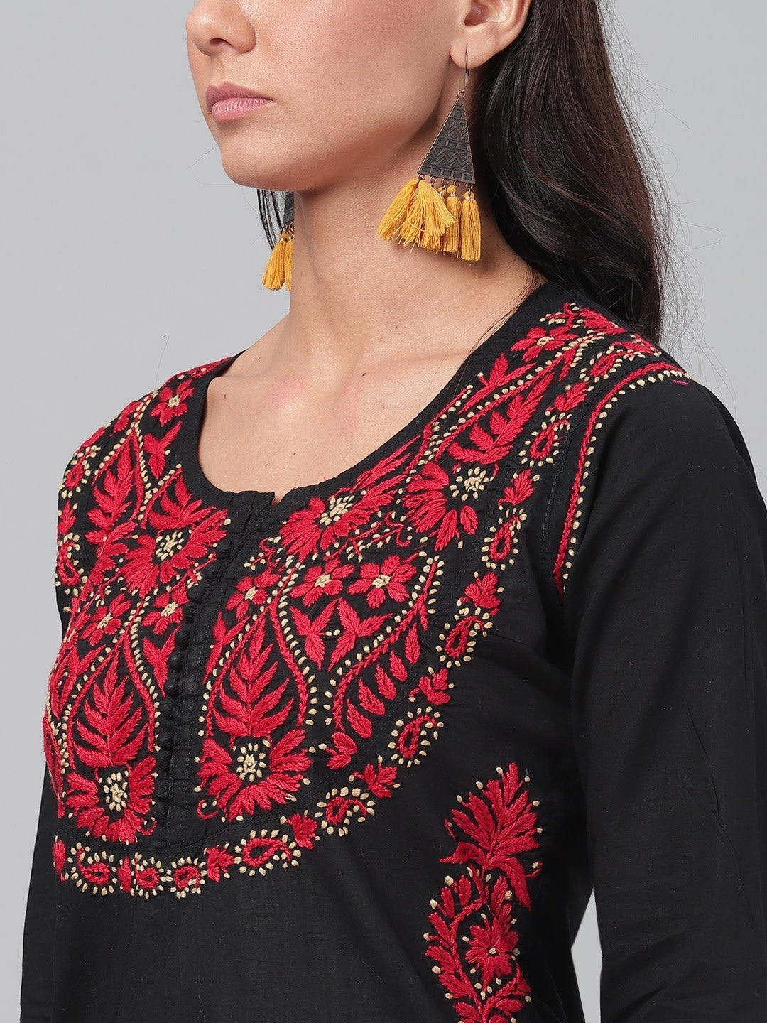Ada Hand Embroidered Black Cotton Lucknowi Chikankari Straight Kurta A373637