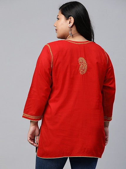 Ada Hand Embroidered Red Cotton Lucknowi Chikankari Straight Kurti A250381