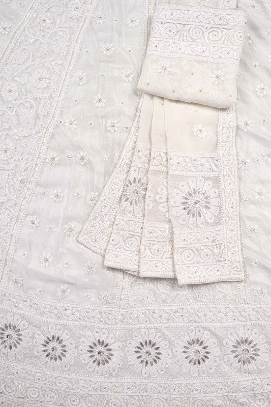 Ada Hand Embroidered White Georgette Lucknowi Chikankari Lehenga Set with Pearl Work A74224
