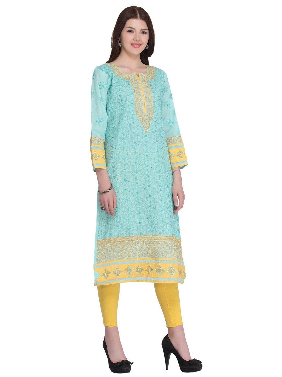 Ada Hand Embroidered Sea Green Cotton Lucknow Chikan Kurta A273424