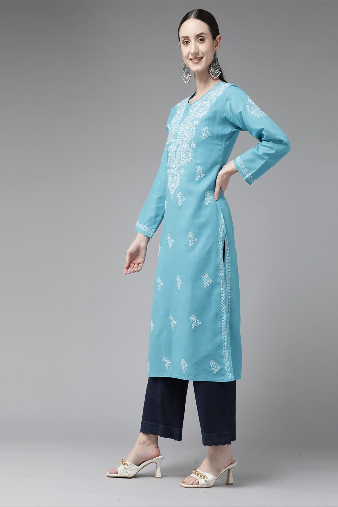 Ada Hand Embroidered Blue Cotton Lucknowi Chikankari Straight Kurta A197497