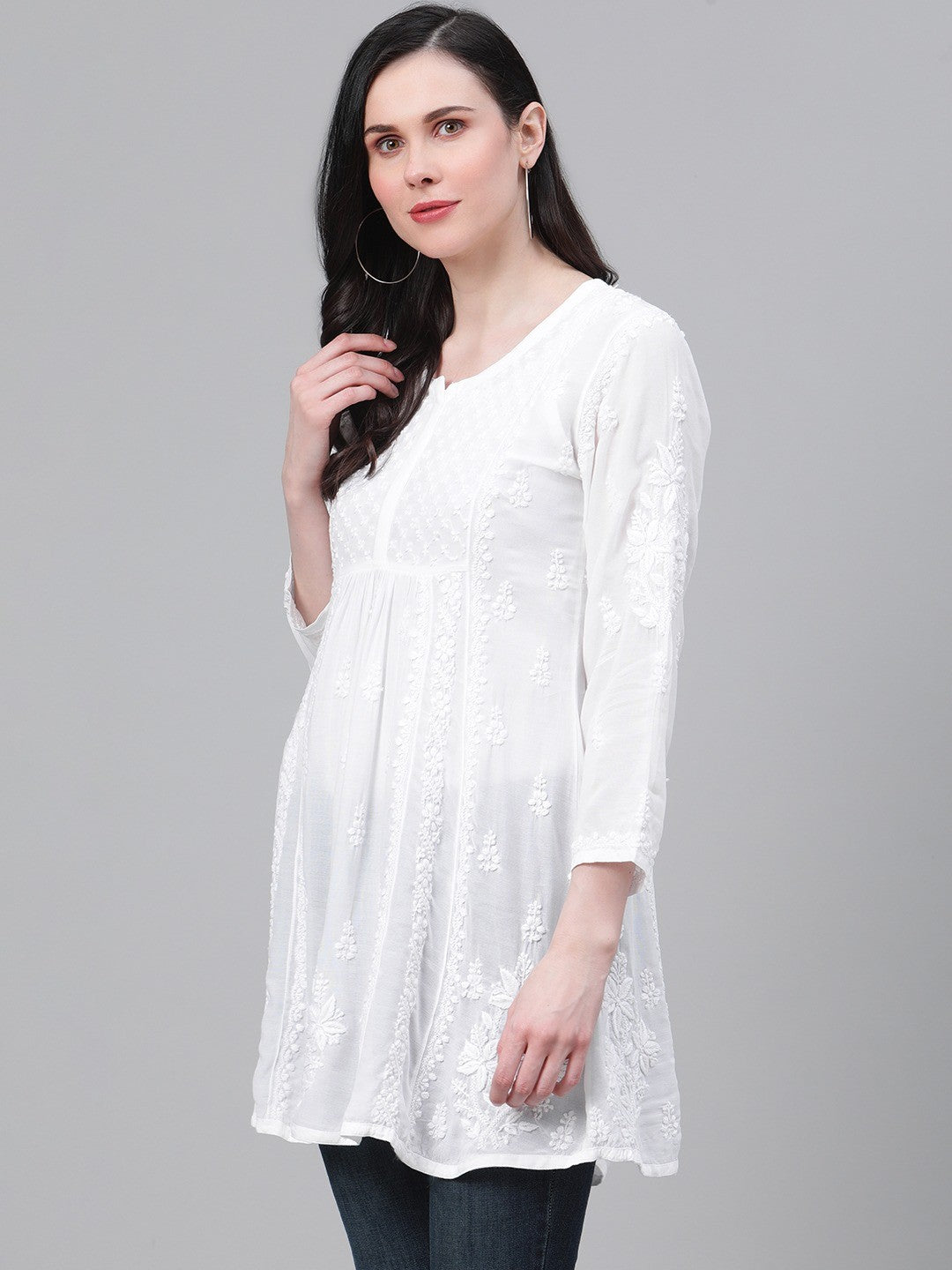 Ada Hand Embroidered White Cotton Lucknowi Chikankari Kurti A911113