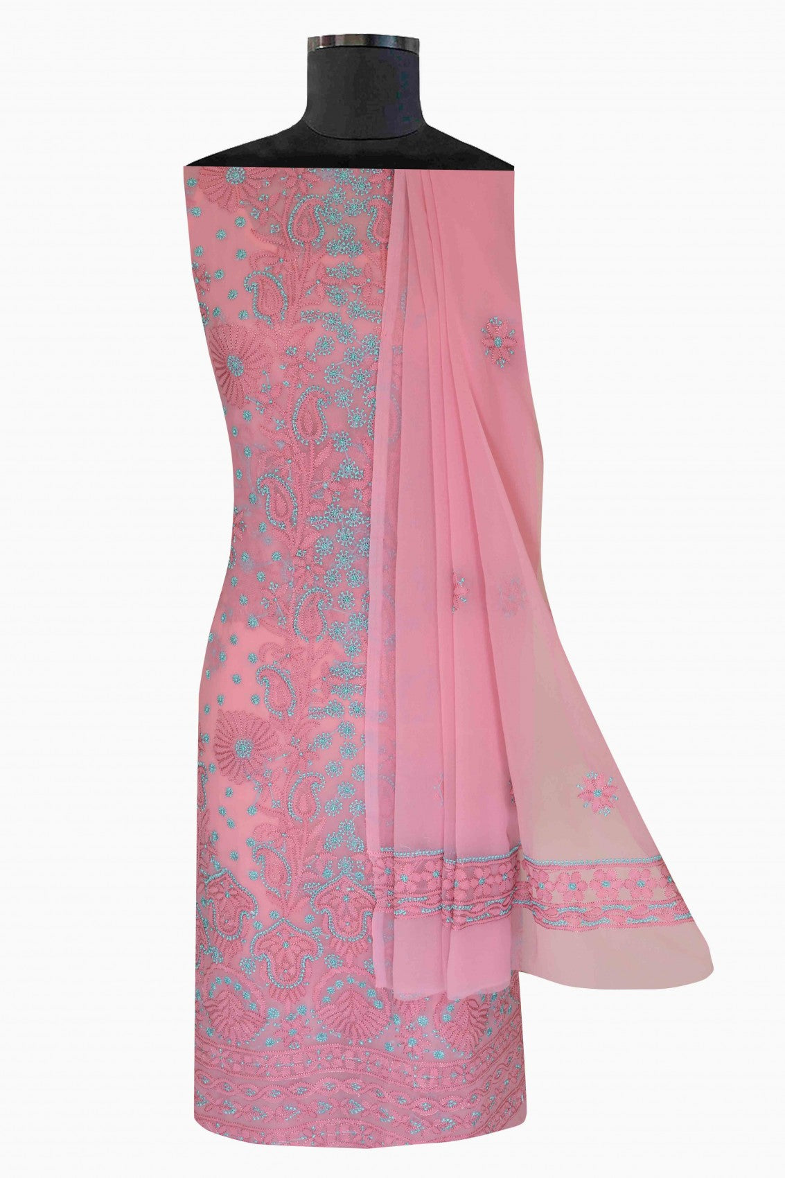 Ada Hand Embroidered Onion Pink Georgette Lucknowi Chikankari Unstitched Suit Piece A211183