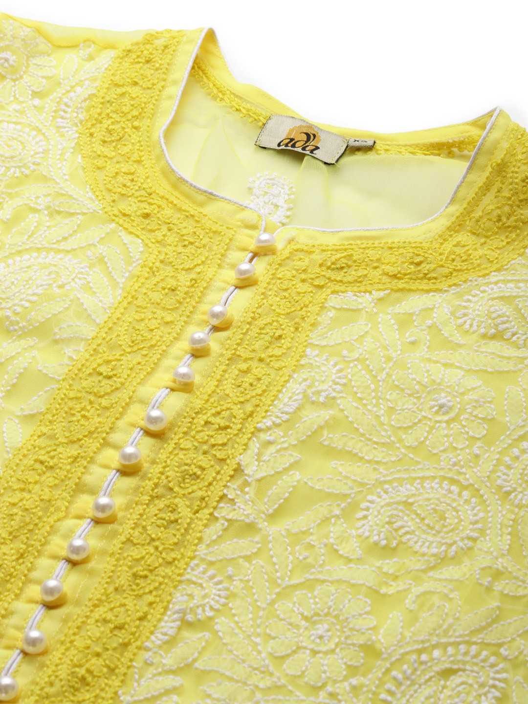 Ada Hand Embroidered Yellow Georgette Lucknow Chikankari Kurta with Slip A223986