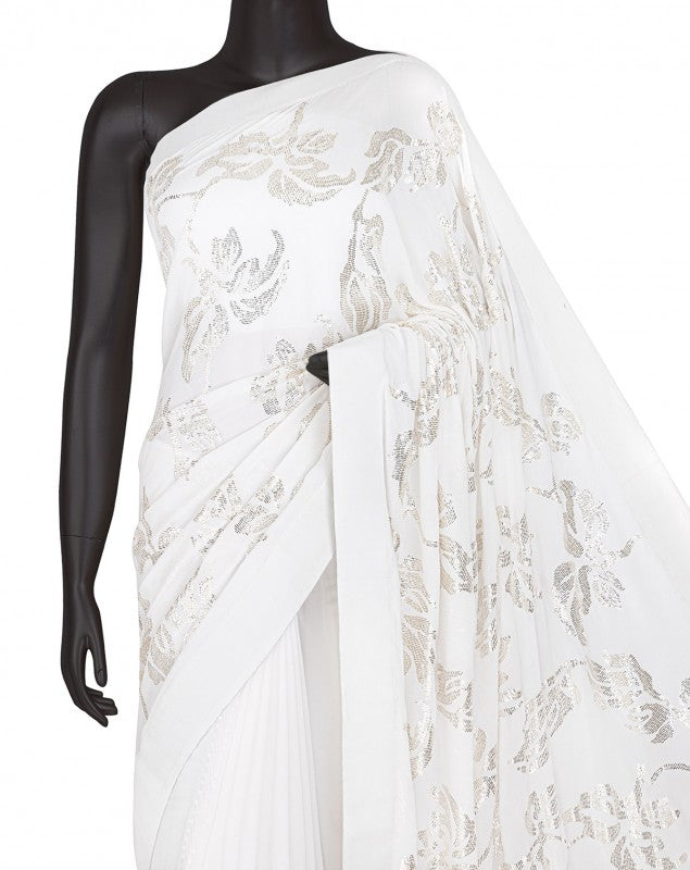 Ada Hand Embroidered White Pure Georgette Lucknowi Chikankari Saree / Blouse With Muqaish Work- A603605