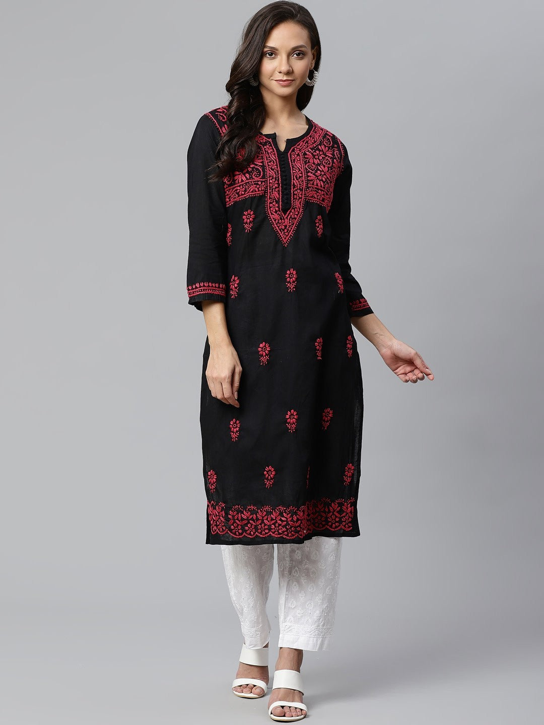 Ada Hand Embroidered Black Cotton Lucknow Chikankari Kurta with Palazzo Set A100391