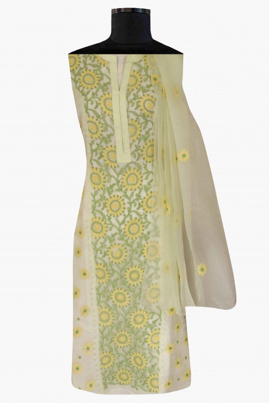Ada Hand Embroidered Lemon Organza Lucknowi Chikan Unstitched Kurta Dupatta Set -A587997