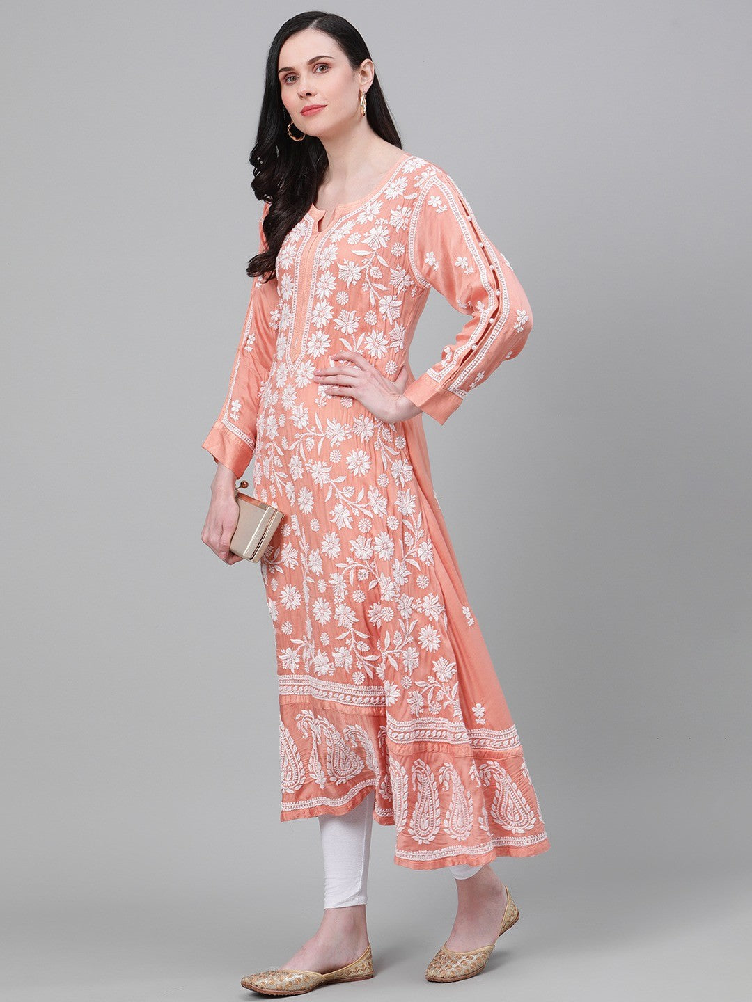 Ada Hand Embroidered Peach Satin Lucknow Chikankari Kurta-A411143