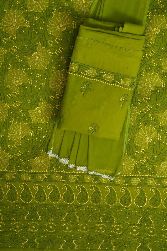Ada Hand Embroidered Crocodile Green Cotton Lucknowi Chikan Unstitched Suit Piece A100308