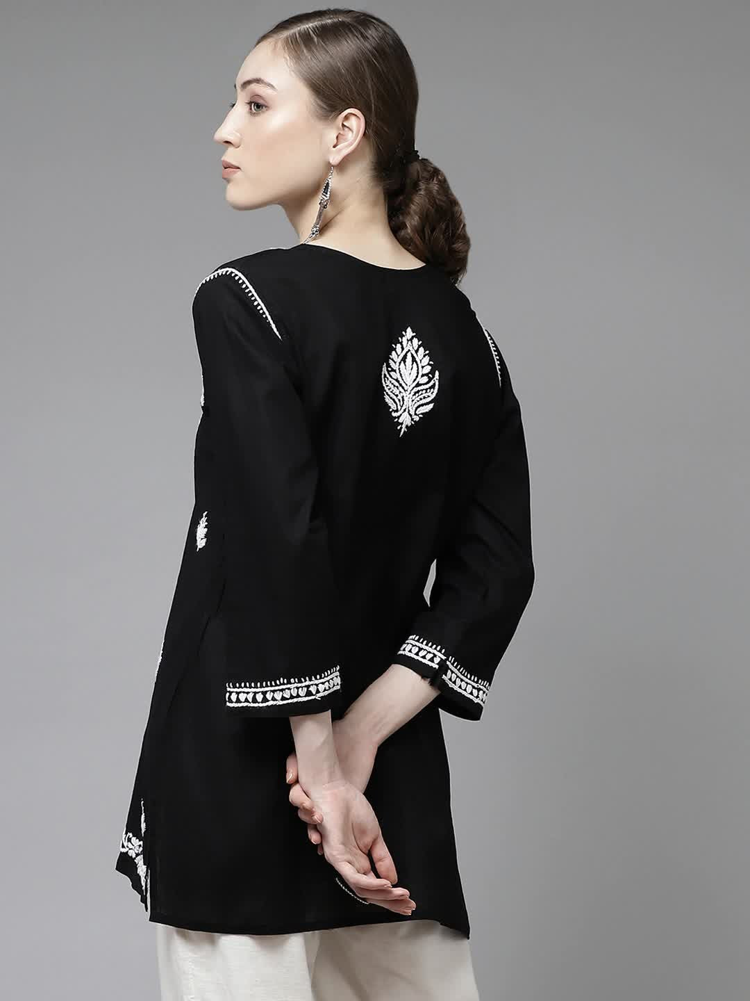 Ada Hand Embroidered Black Cotton Lucknow Chikan Short Kurti A911131