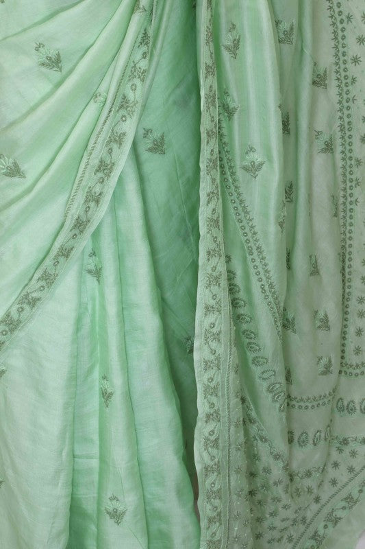 Ada Hand Embroidered Sea Green Silk Lucknowi Chikankari Saree With Blouse-A608646