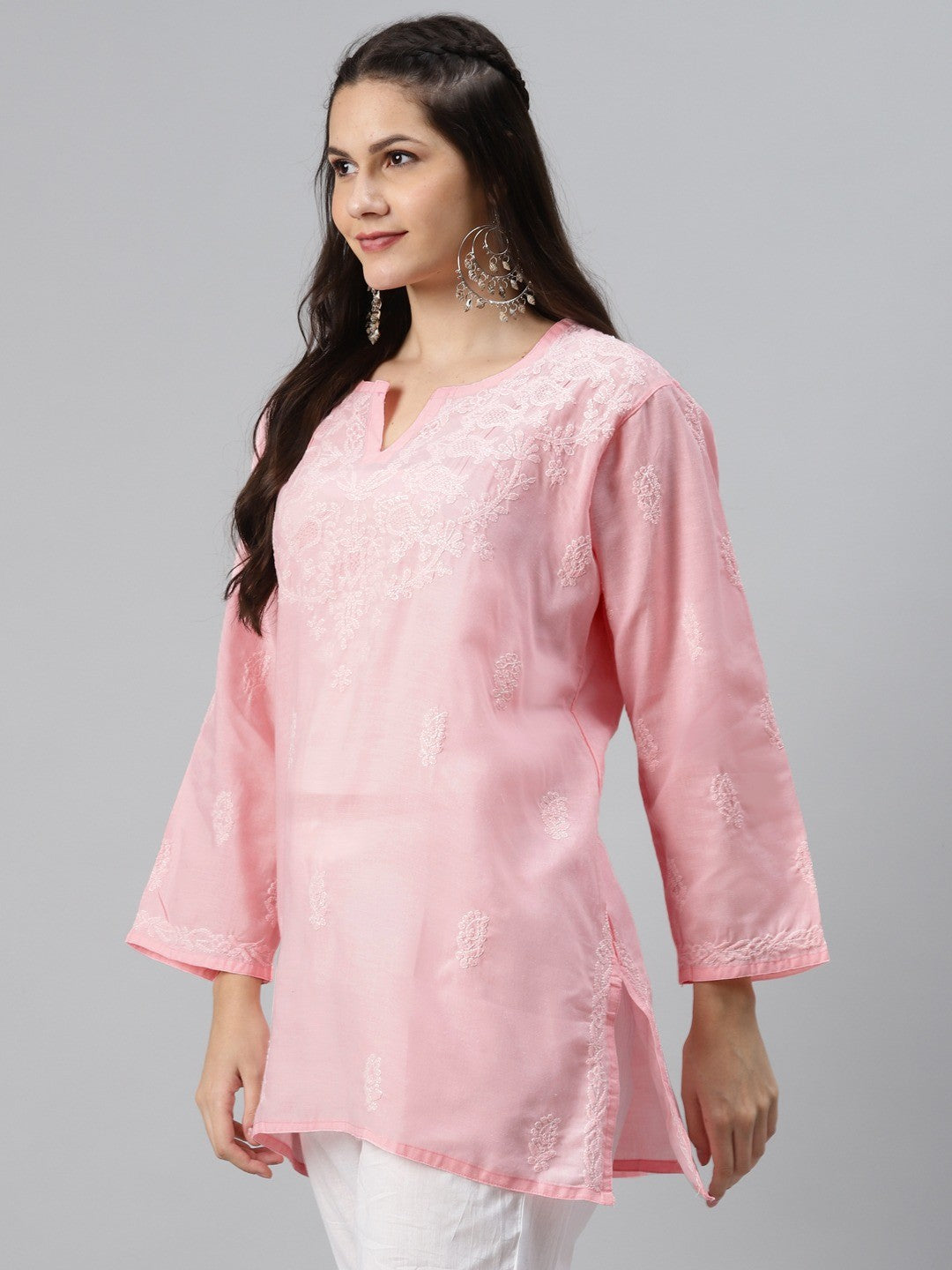 Ada Hand Embroidered Pink Cotton Lucknowi Chikan Kurti A509493