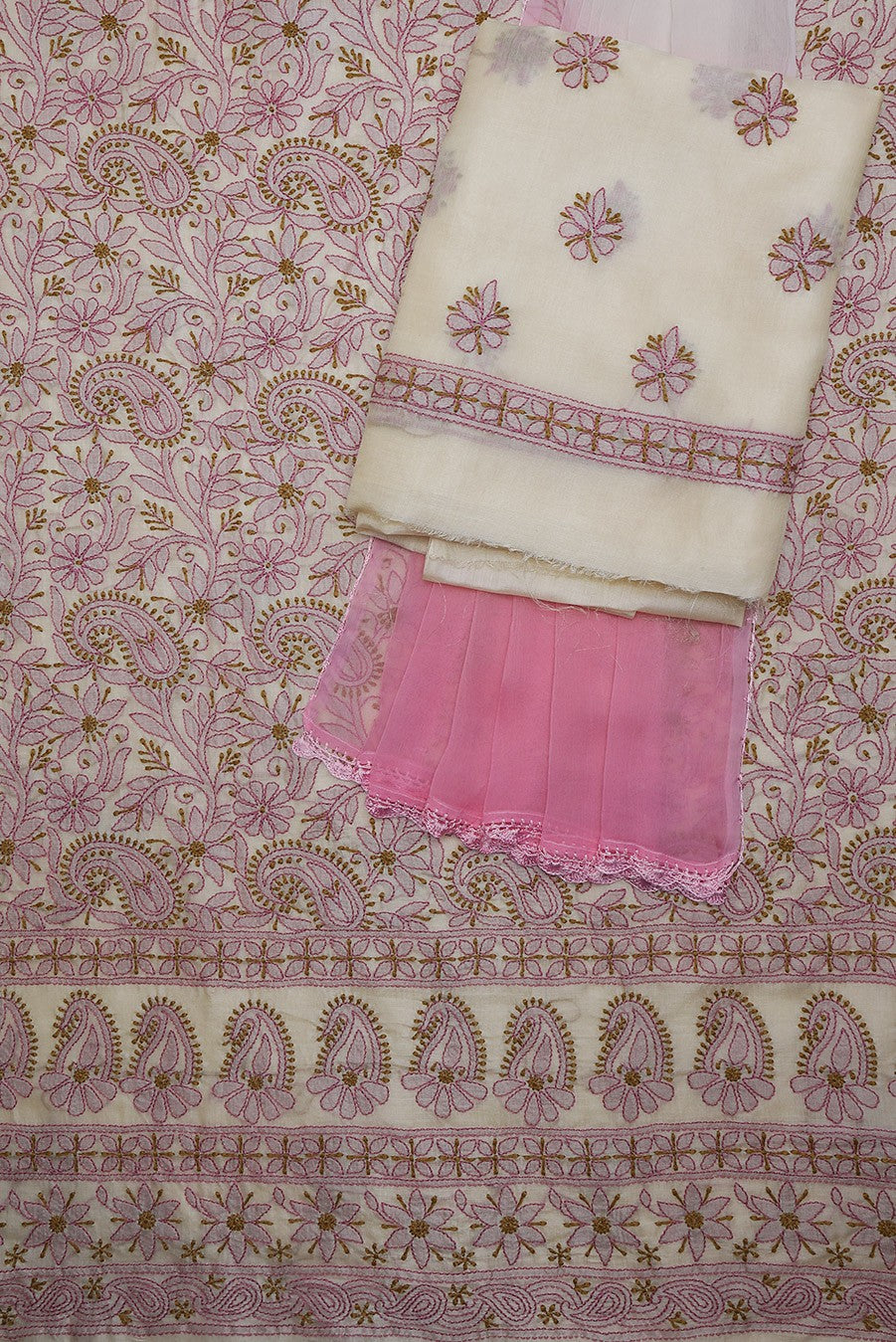 Ada Hand Embroidered Natural Cream Tusser Silk Lucknowi Chikan Unstitched Suit Piece- A609356