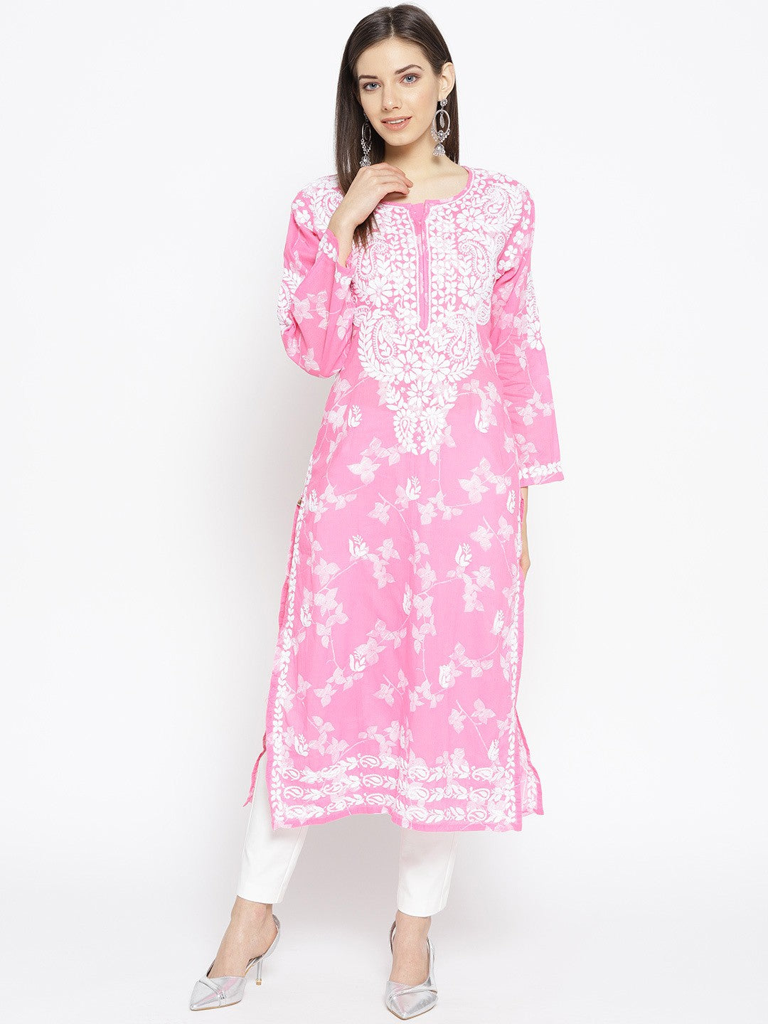 Ada Hand Embroidered Pink Cotton Lucknowi Chikankari Straight Kurta A100109