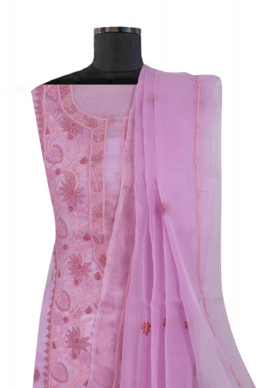Ada Hand Embroidered Mauve Organza Lucknowi Chikankari Unstitched Kurta Dupatta Set 01A172424