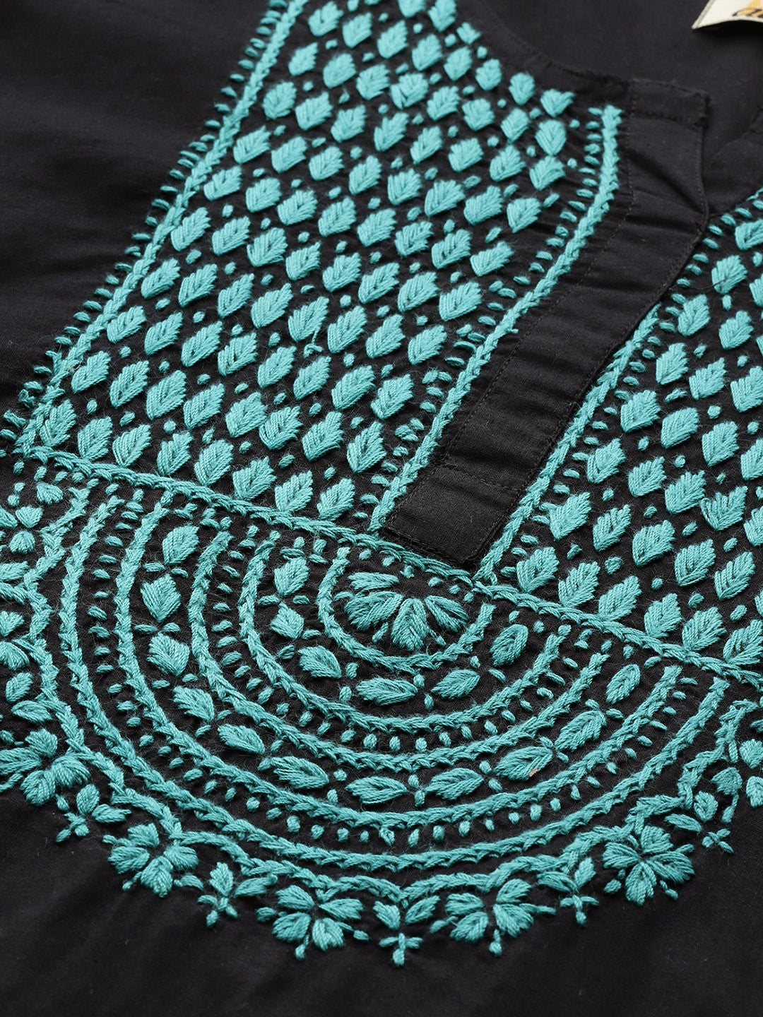 Ada Hand Embroidered Black Cotton Lucknowi Chikankari Straight Kurti A100388