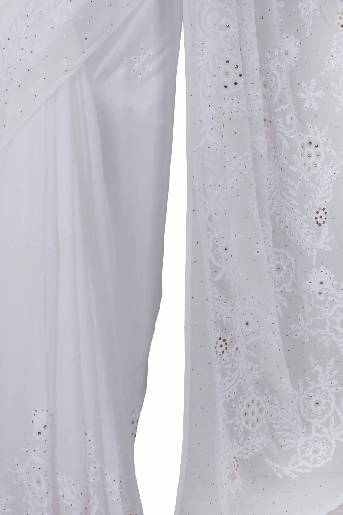 Ada Hand Embroidered White Georgette Lucknowi Chikankari Saree/Blouse With Muqaish Work 01A235479