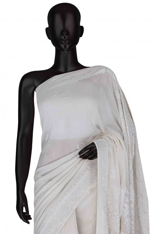 Ada Hand Embroidered White Pure Georgette Lucknow Chikan Saree with Blouse A301234