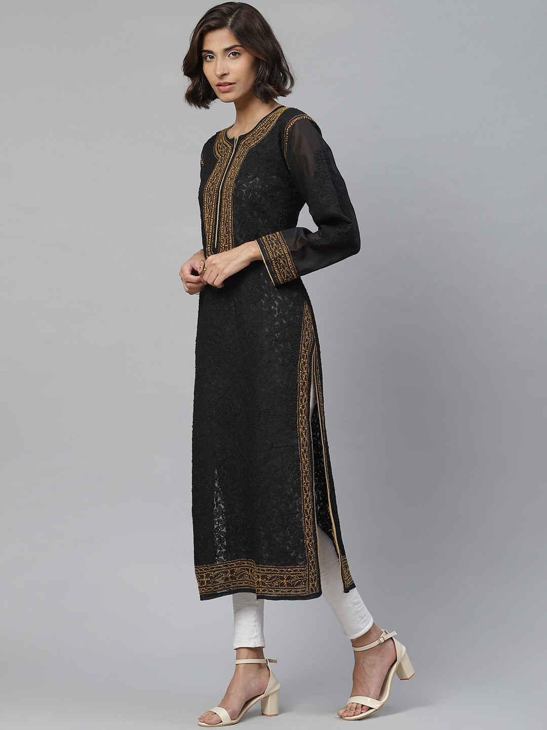 Ada Hand Embroidered Black Cotton Lucknow Chikankari Straight Kurta A411133