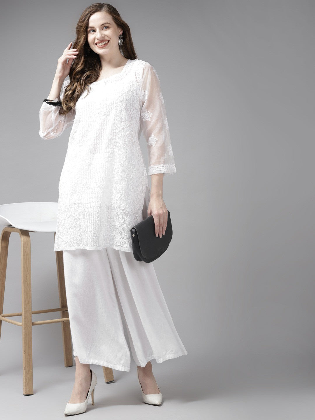 Ada Hand Embroidered White Organza Lucknowi Chikankari Kurti With Slip A911167