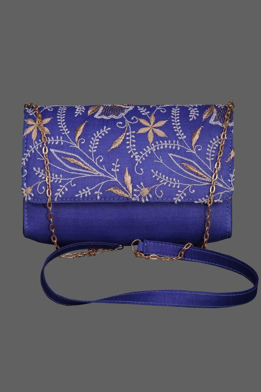 Ada Hand Embroidered Royal Blue Silk Lucknowi Chikankari Clutch With Zari Work 01A303633