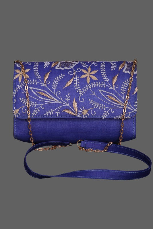 Ada Hand Embroidered Royal Blue Silk Lucknowi Chikankari Clutch With Zari Work 01A303633