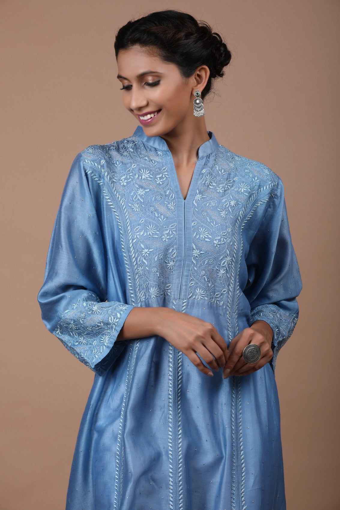 Ada Hand Embroidered Sapphire Blue Chanderi Lucknowi Chikankari Semi-Stitched Anarkali Kurta Dupatta Set With Muqaish Work A623456