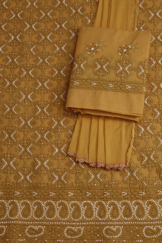 Ada Hand Embroidered Mustard Cotton Lucknowi Chikan Unstitched Suit Piece–A100180
