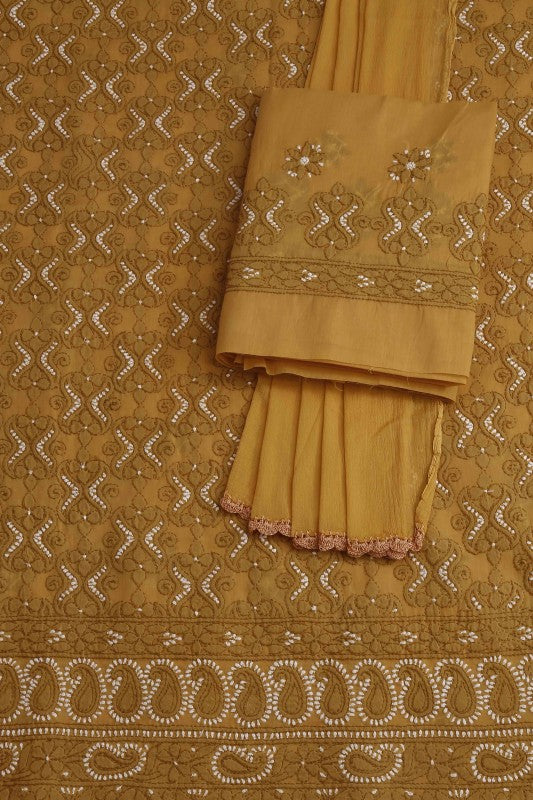 Ada Hand Embroidered Mustard Cotton Lucknowi Chikan Unstitched Suit Piece–A100180