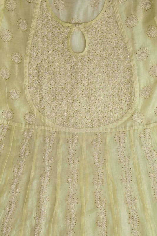 Ada Hand Embroidered Lemon Chanderi Lucknowi Chikankari Semi-Stitched Anarkali Kurta Dupatta Set With Muqaish Work A559713