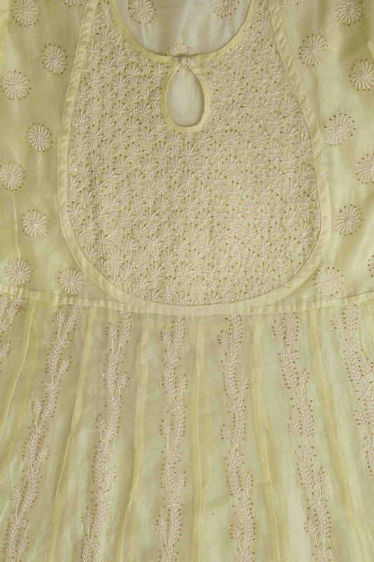 Ada Hand Embroidered Lemon Chanderi Lucknowi Chikankari Semi-Stitched Anarkali Kurta Dupatta Set With Muqaish Work A559713