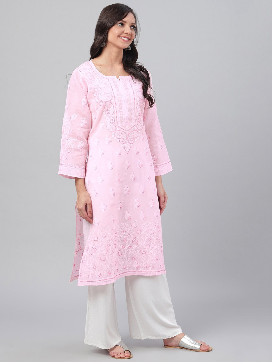 Ada Hand Embroidered Pink Cotton Lucknowi Chikankari Straight Kurta  A221041
