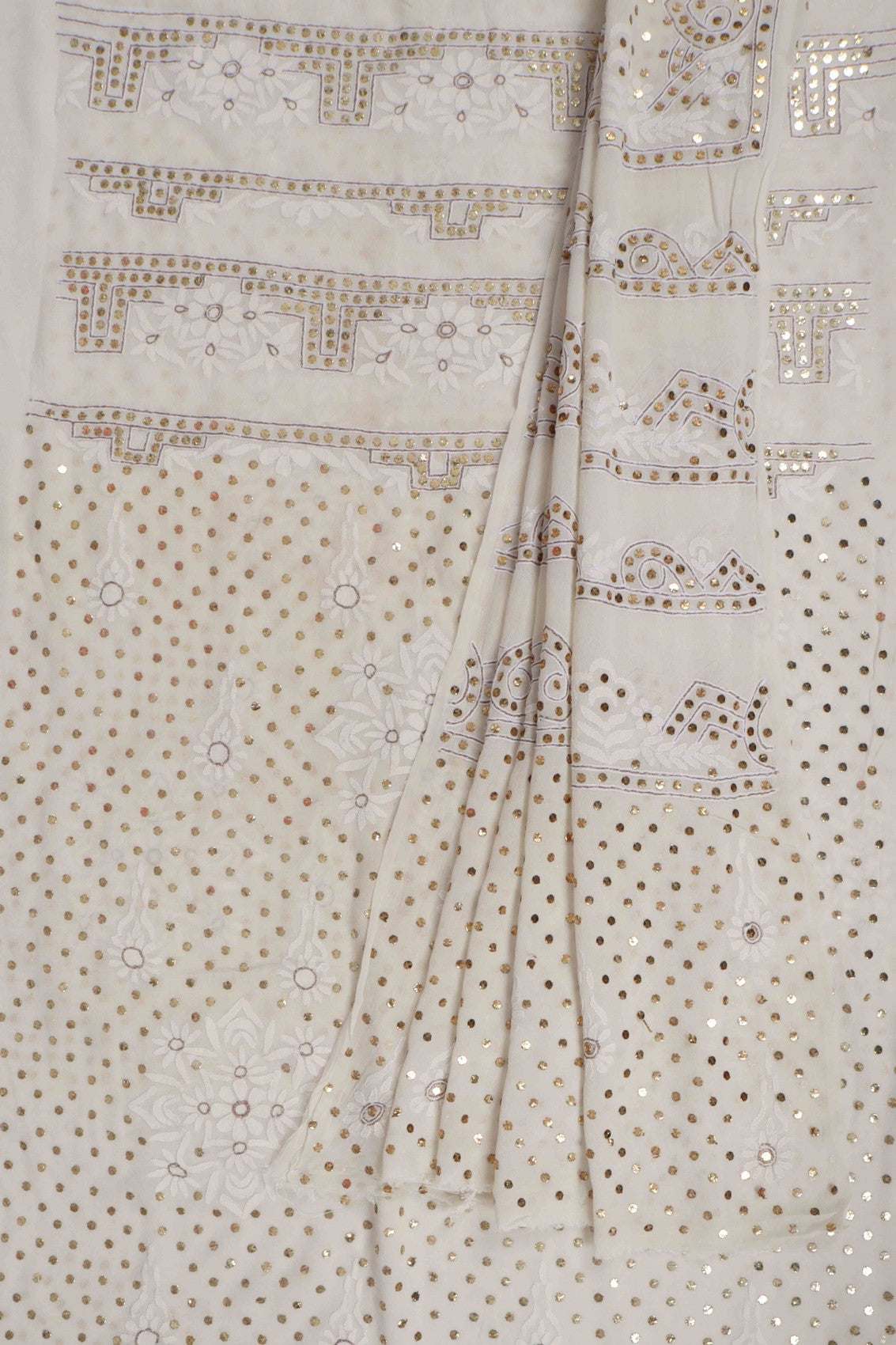 Ada Hand Embroidered Off White Pure Georgette Lucknowi Chikankari Unstitched Kurta Dupatta Set With Muqaish Work A414394