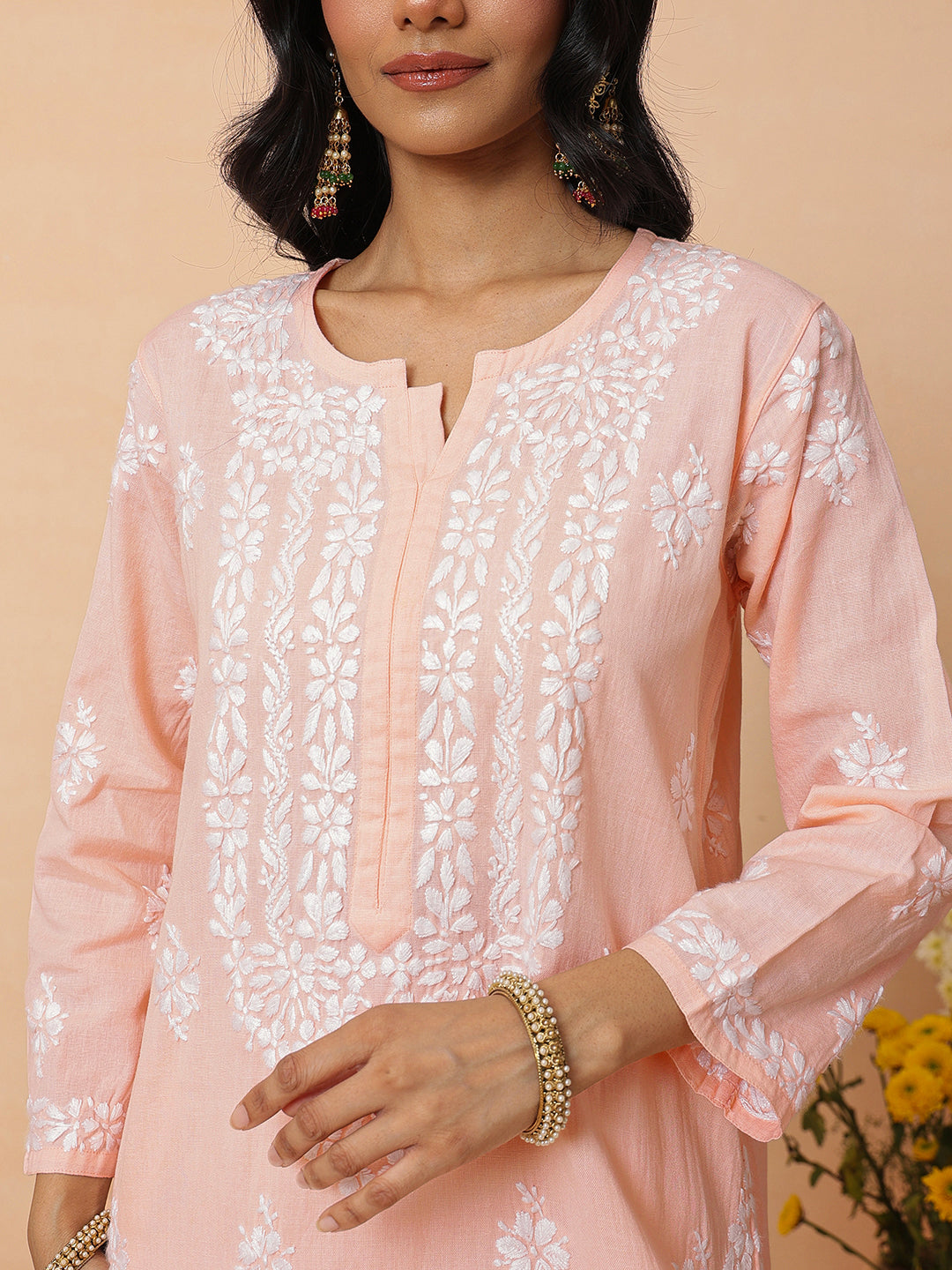 Ada Hand Embroidered Peach Linen Lucknowi Chikankari Co-Ord Set A811387